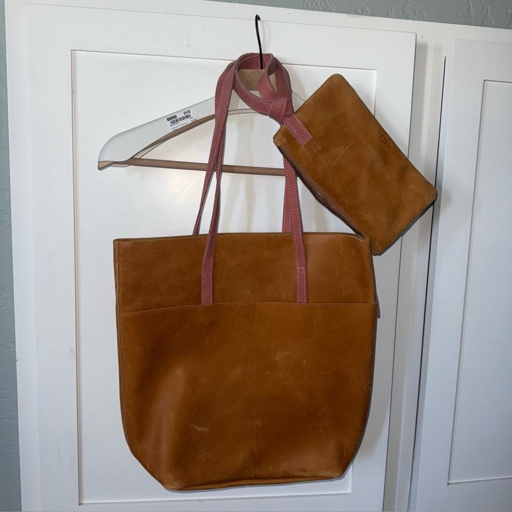 ABLE Selam Tan Leather Large Magazine Tote Purse And Clutch Set $298 Retail